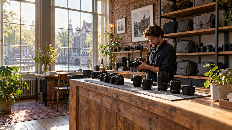Houten toonbank met camera's en objectieven op een grijze vilten mat in een winkel met oude ramen en bakstenen muren