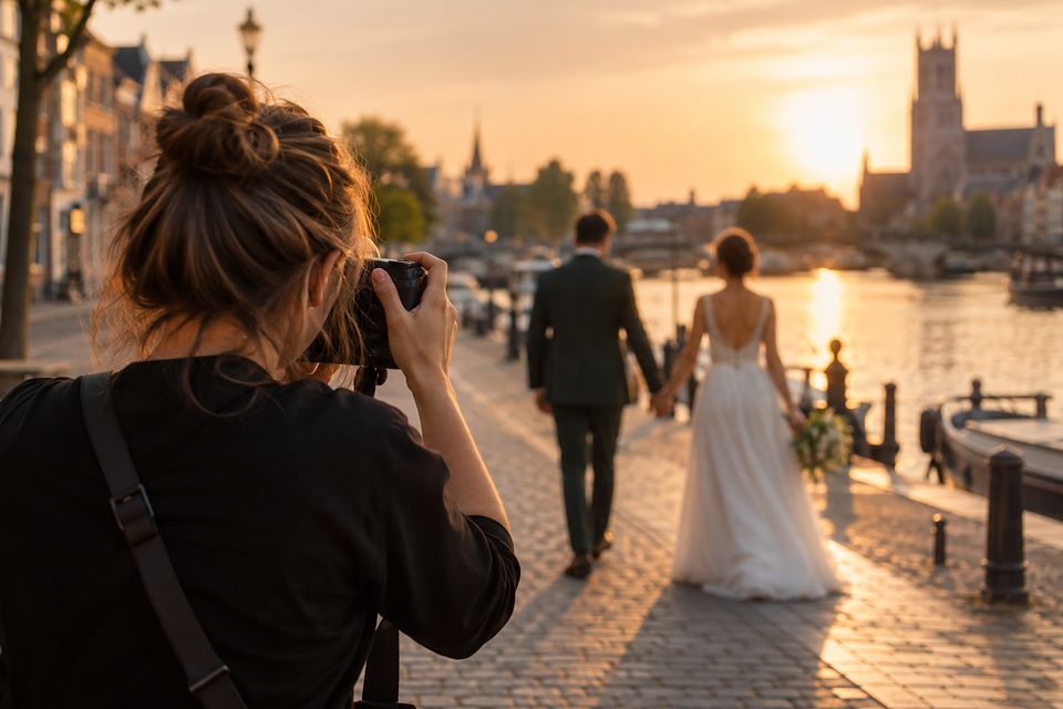Fotograaf fotografeert een bruidspaar dat langs een rivierkade loopt bij zonsondergang