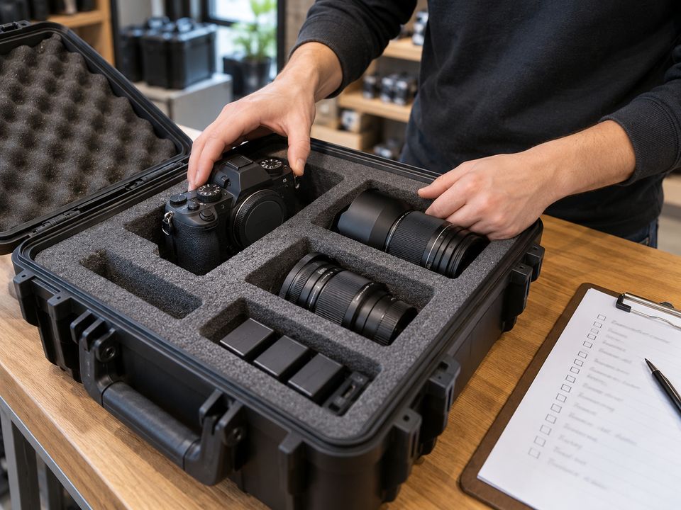 Handen pakken een camera en objectieven in een koffer met grijs schuim, met een checklist ernaast