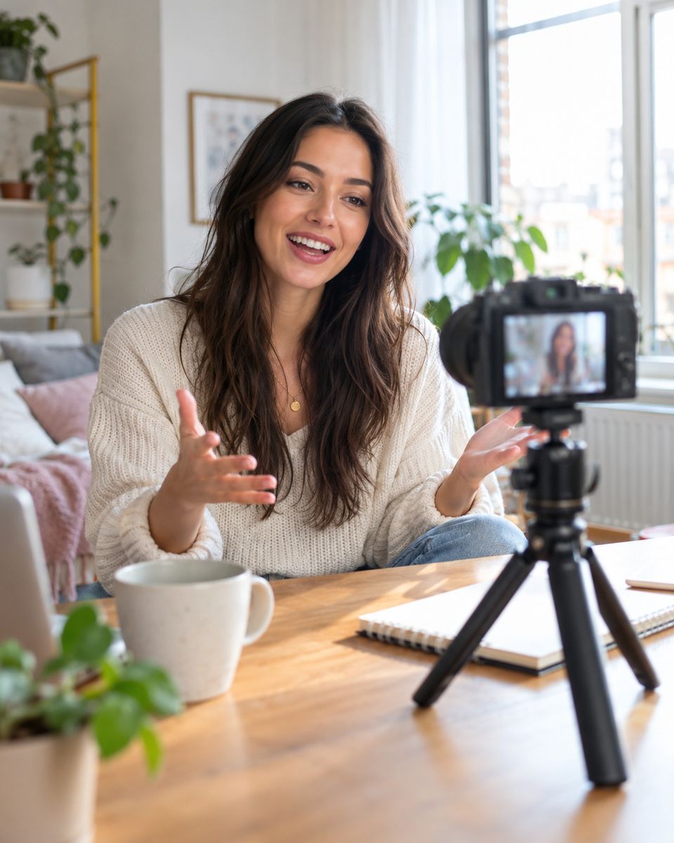 Vlogger praat lachend in een kleine camera op een tafelstatief in een licht appartement