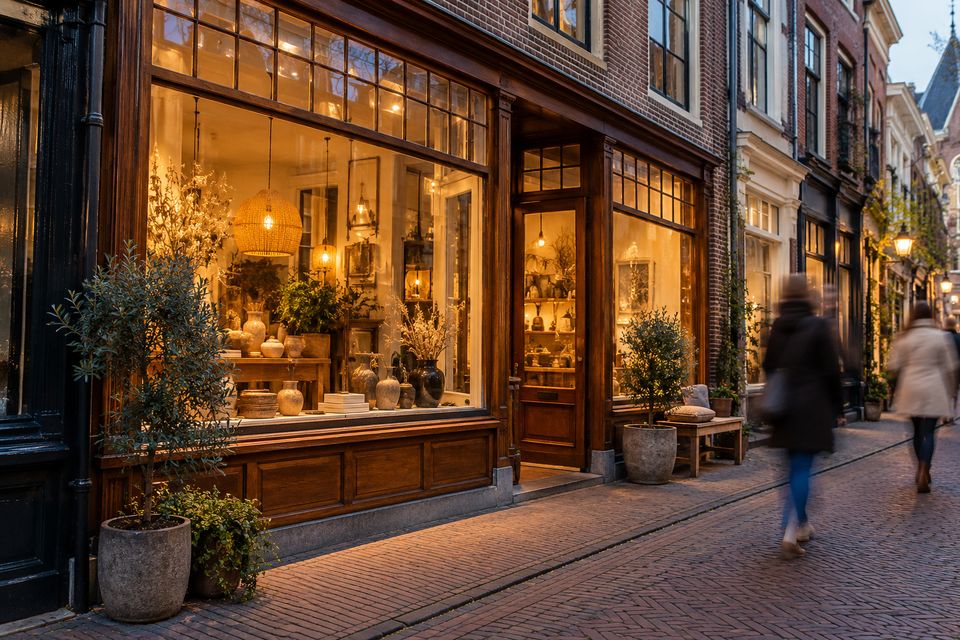 Smalle historische winkelgevel met een grote houten etalage in een voetgangersstraat in de vroege avond