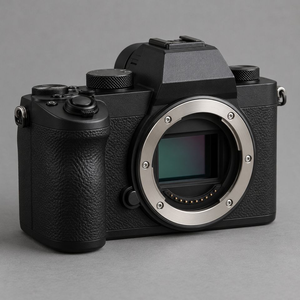 Systeemcamera zonder objectief op een grijze achtergrond