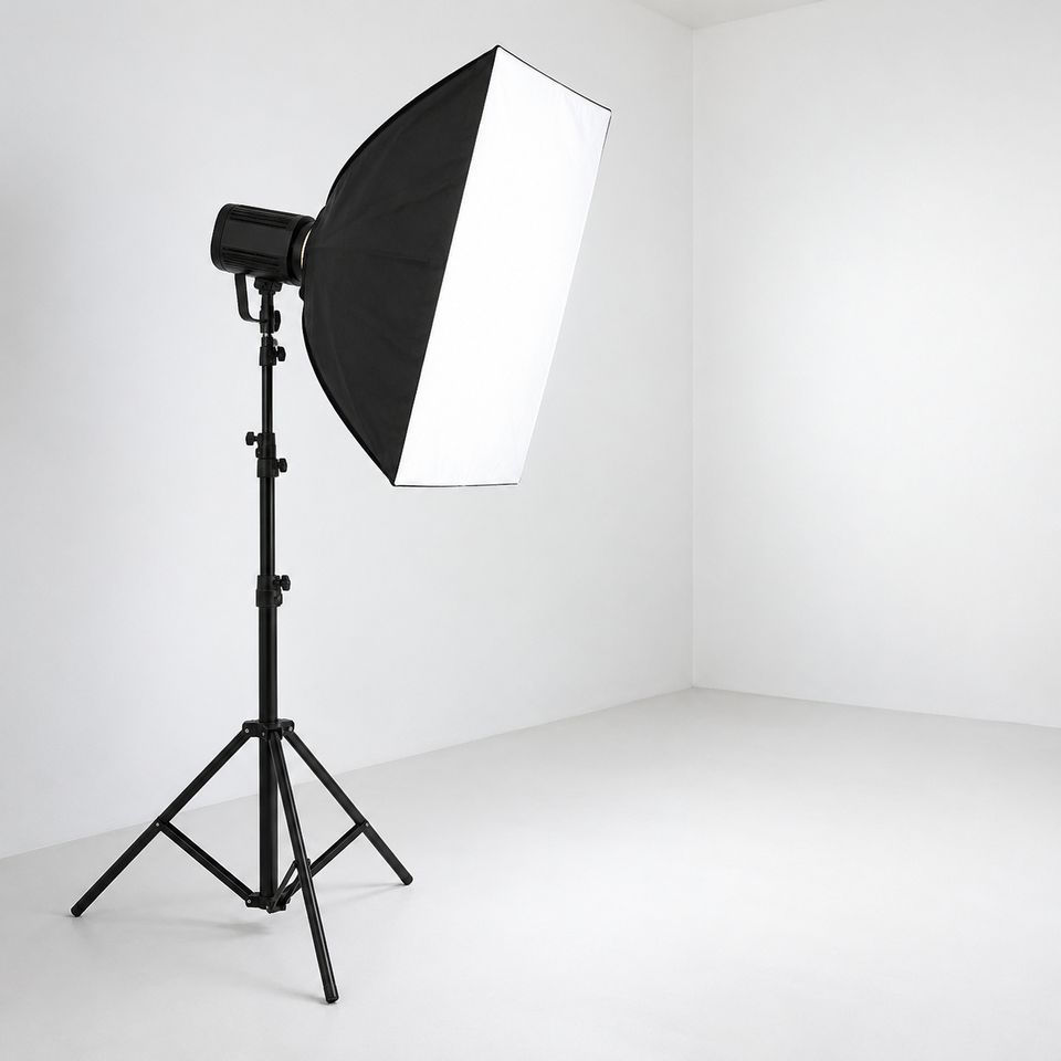 LED-studiolamp met softbox op een statief in een witte studio