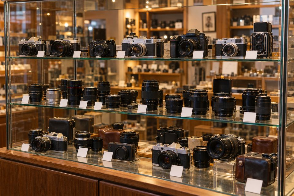 Glazen vitrine met gebruikte camera's en objectieven, elk met een wit prijskaartje