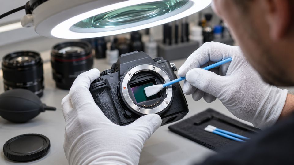 Technicus met witte handschoenen reinigt de sensor van een camera onder een loeplamp
